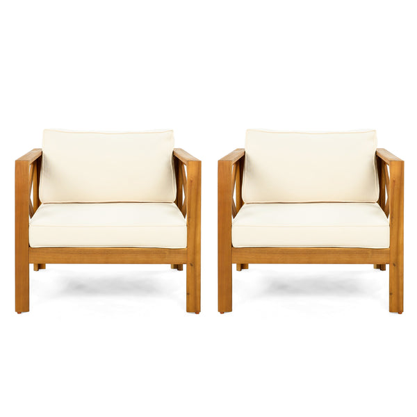 Patio Conversation Set with Foldable Acacia Wood Side Table and Cushions - in use