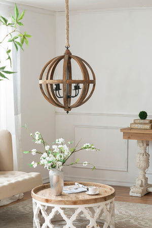 4 Light Wood Chandelier with Adjustable Chain - detail view