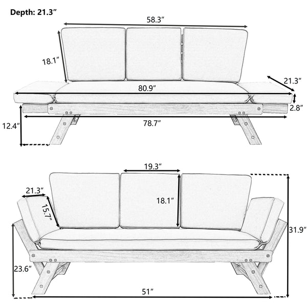 TOPMAX Outdoor Adjustable Patio Wooden Daybed Sofa Chaise Lounge - dimensions