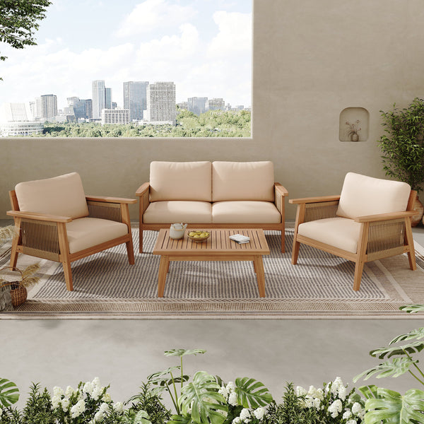 Outdoor 4pc Acacia Wood and Rope Sectional Patio Sofa Set - side view