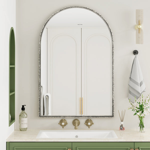 Arched Silver Wall Mirror with Tempered Glass Metal Frame - lifestyle photo