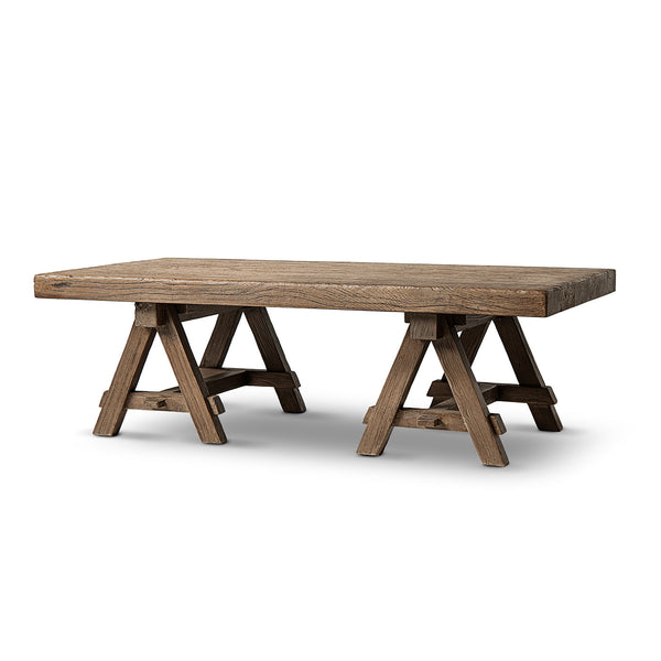 Hawthorne 48' Solid Reclaimed Elm Rectangular Trestle Coffee Table, Heritage Medium-Dark Brown - close-up