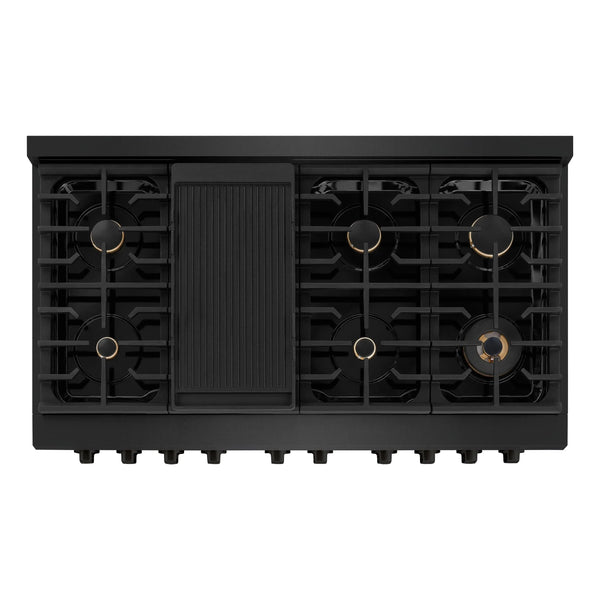 ZLINE 48'Paramount Dual Fuel Range Black Stainless Steel, Brass Burners SDRB-BR-48 - detail view