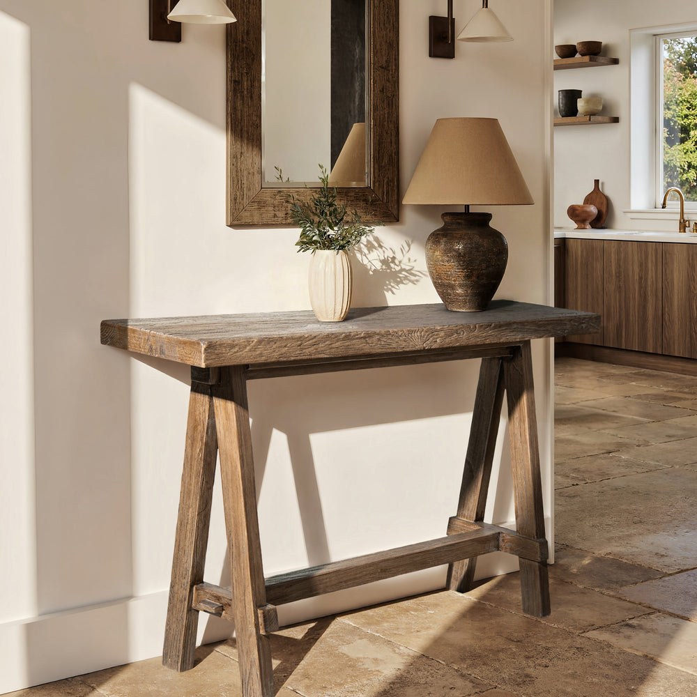 Hawthorne 60'' Solid Reclaimed Elm Trestle Console Table, Heritage Medium-Dark Brown