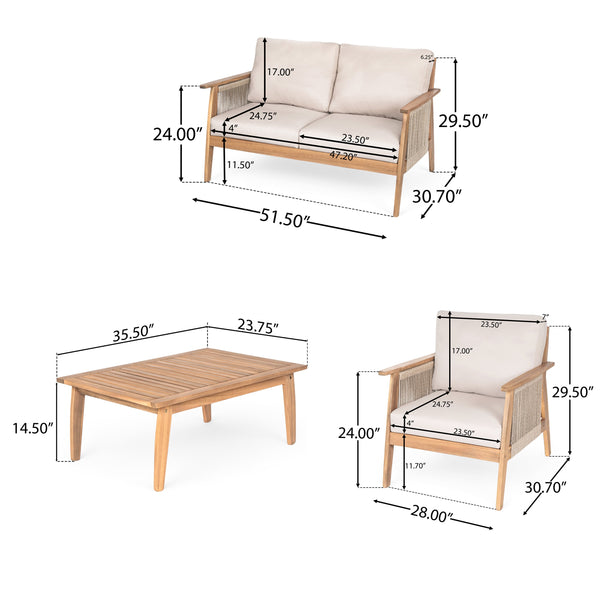 Outdoor 4pc Acacia Wood and Rope Sectional Patio Sofa Set - detail view