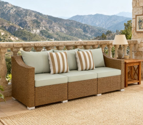 Rattan Wicker Seater Patio Couch with Cushions and Throw Pillows - in use