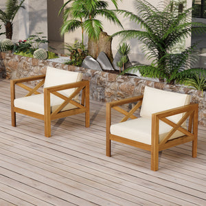 Patio Conversation Set with Foldable Acacia Wood Side Table and Cushions - lifestyle photo