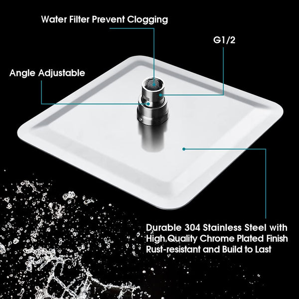 8 Inch Square Rainfall Showerhead with 10 Inch Adjustable Extension Arm