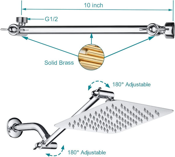 8 Inch Square Rainfall Showerhead with 10 Inch Adjustable Extension Arm