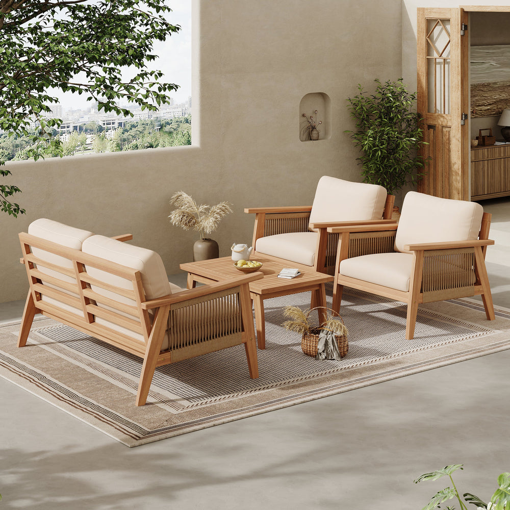 Outdoor 4pc Acacia Wood and Rope Sectional Patio Sofa Set