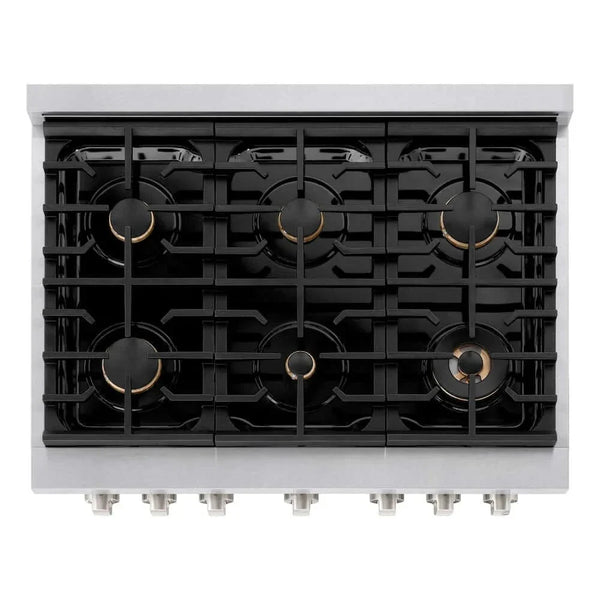 ZLINE 36'Gas Range, Convection Gas Oven , DuraSnow® Brass Burners, SGRS-BR-36 - close-up