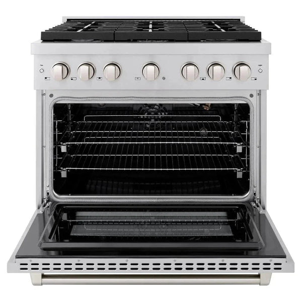 ZLINE 36'Paramount Dual Fuel Range Stainless Steel, Brass Burner, SDR-BR-36 - close-up