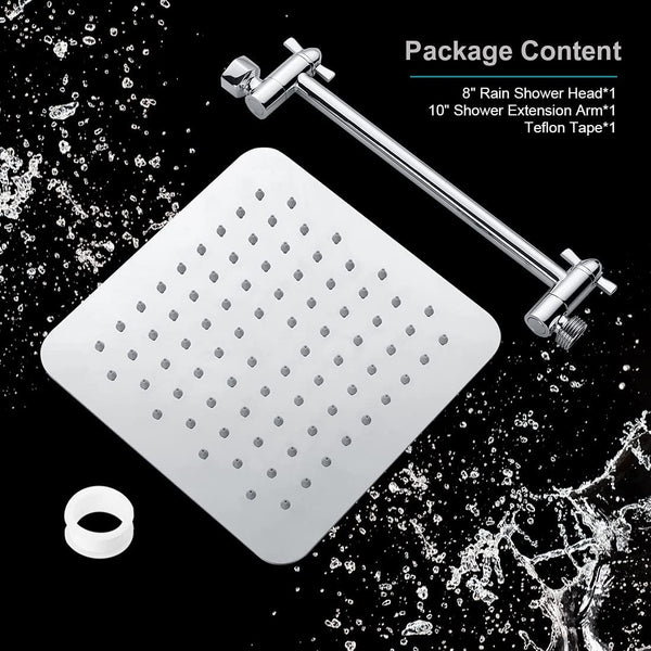 8 Inch Square Rainfall Showerhead with 10 Inch Adjustable Extension Arm