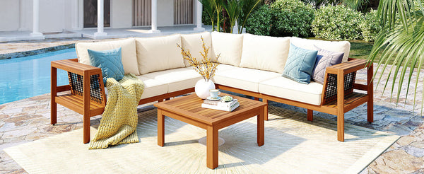Kennedy 4 Piece Outdoor Acacia Wood Sofa Set with Coffee Table - in use