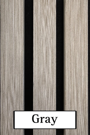 Close-up detail of gray acoustic wood wall panels