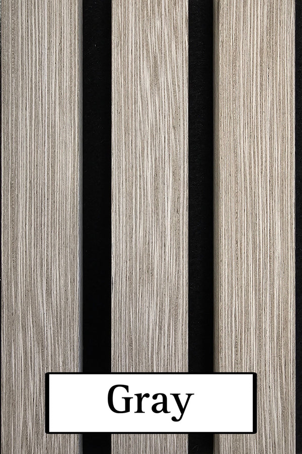 Close-up detail of gray acoustic wood wall panels