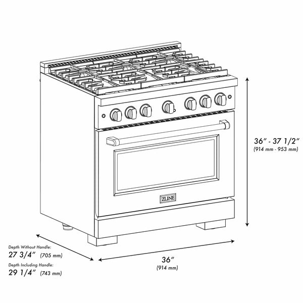 ZLINE 36'Paramount Dual Fuel Range Black Stainless Steel, Brass Burners SDRB-BR-36 - alternate view