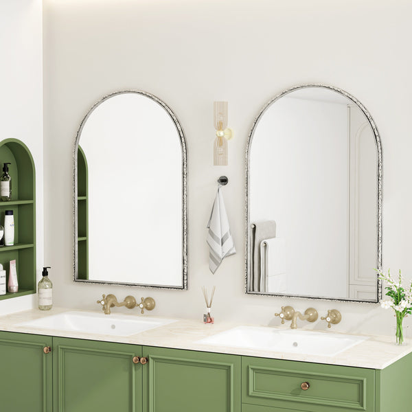 Arched Silver Wall Mirror with Tempered Glass Metal Frame - close-up