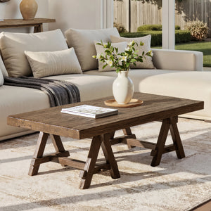 Hawthorne 48' Solid Reclaimed Elm Rectangular Trestle Coffee Table, Heritage Medium-Dark Brown - side view