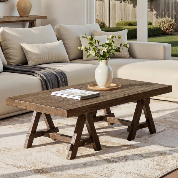 Hawthorne 48' Solid Reclaimed Elm Rectangular Trestle Coffee Table, Heritage Medium-Dark Brown - side view