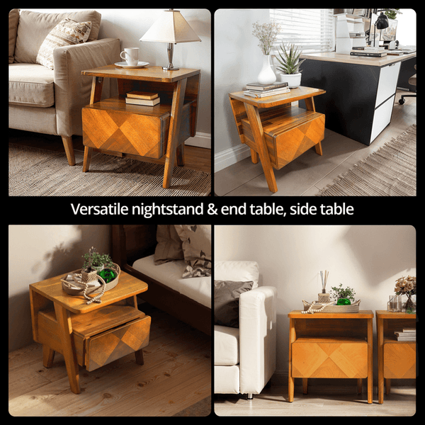 Rum Handcrafted Solid Wood Nightstand - close-up