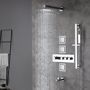 12inch  Wall mount 3 way digital thermostatic shower faucet with sliding bar and 4inch body jets - front view