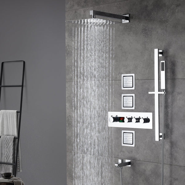 12inch  Wall mount 3 way digital thermostatic shower faucet with sliding bar and 4inch body jets - front view