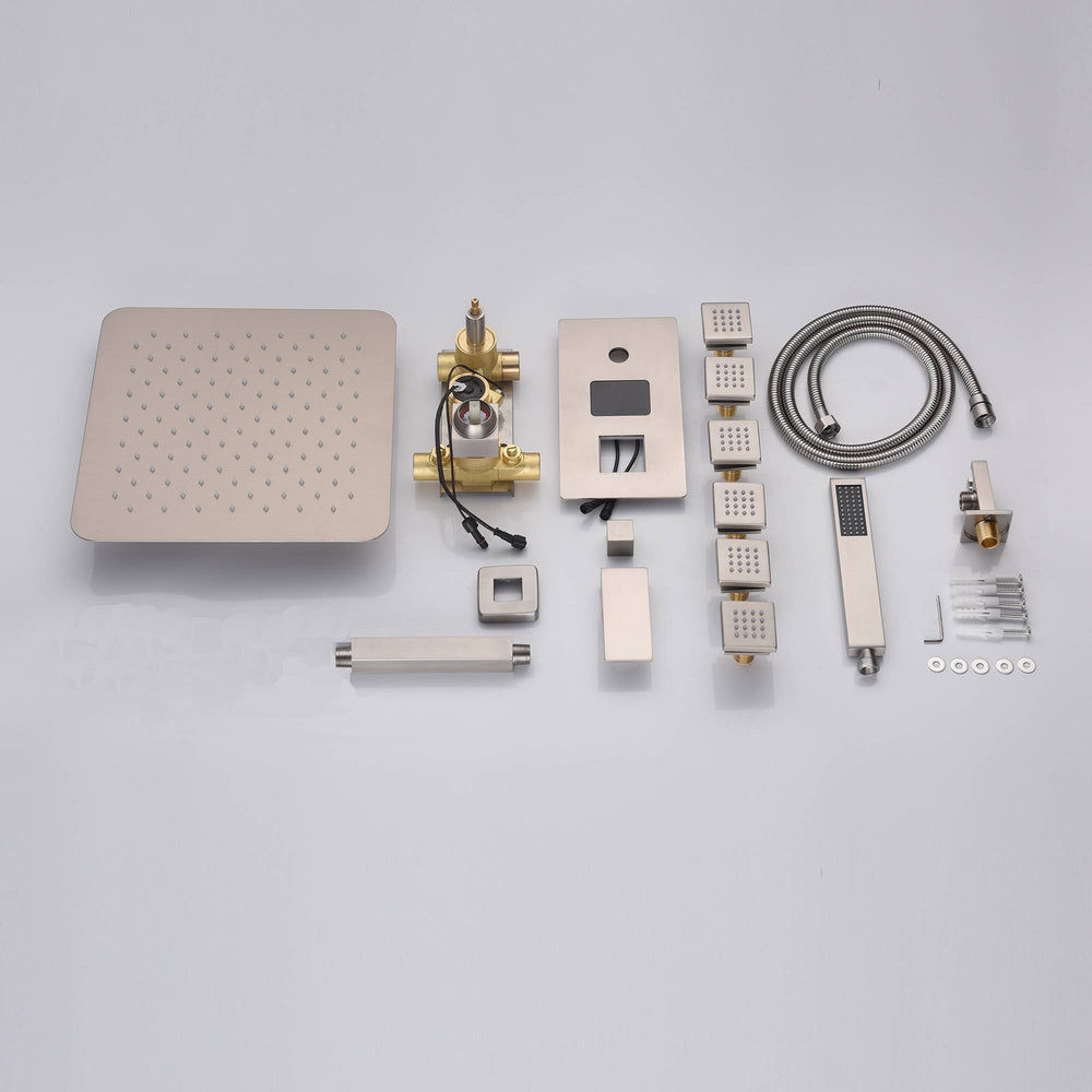 12 Inch or 16 Inch Ceiling Mounted 3-Way Brushed Nickel Digital Display Shower Faucet - Includes 6 Body Jets"