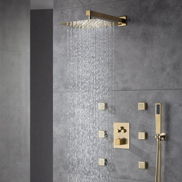 Brushed Gold Wall-Mounted 3-Way Thermostatic Shower System with Body Jets - side view
