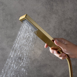 Brushed Gold Wall-Mounted 3-Way Thermostatic Shower System with Body Jets - in use