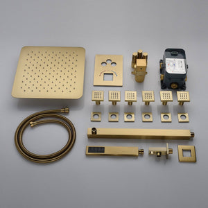 Brushed Gold Wall-Mounted 3-Way Thermostatic Shower System with Body Jets - product view