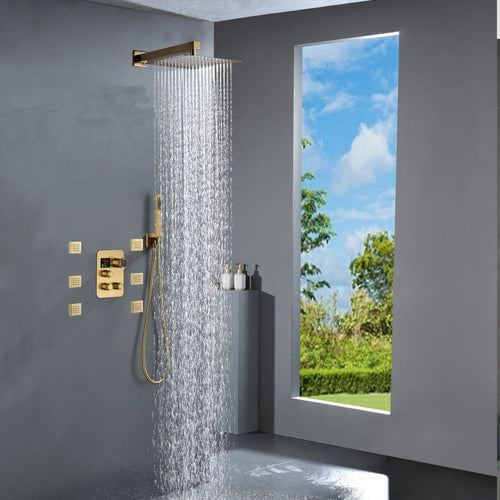 Brushed Gold Wall-Mounted 3-Way Thermostatic Shower System with Body Jets - front view