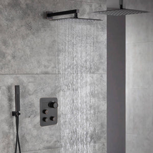 12-Inch Non-LED Light Ceiling Mounted Oil Rubbed Bronze 3-Way Thermostatic Shower Faucet System with Wall Mount 12-Inch Rainfall Shower Head - front view