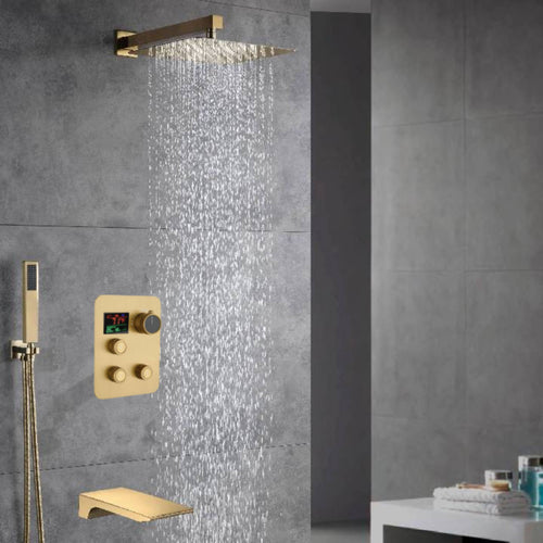 12-inch Or 16-inch Or 6'' Wall-Mount Brushed Gold 3-Way Thermostatic Shower Valve System: Versatile Functionality and Stunning Design - lifestyle photo