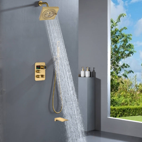 12-inch Or 16-inch Or 6'' Wall-Mount Brushed Gold 3-Way Thermostatic Shower Valve System: Versatile Functionality and Stunning Design - front view