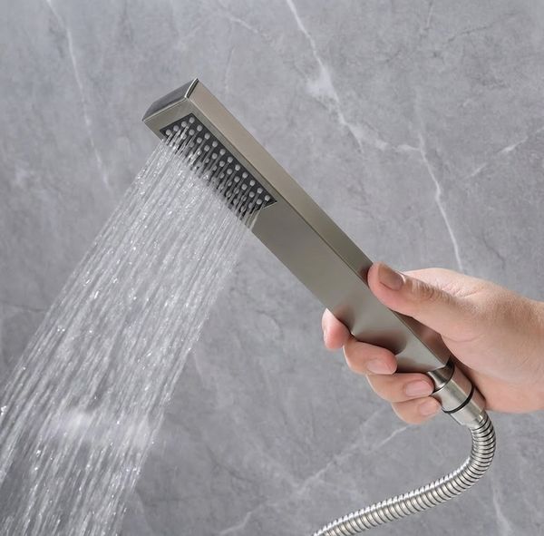 Brushed Nickel Waterfall Wall-Mount Bath Tub Filler Faucet with Handheld Shower - close-up