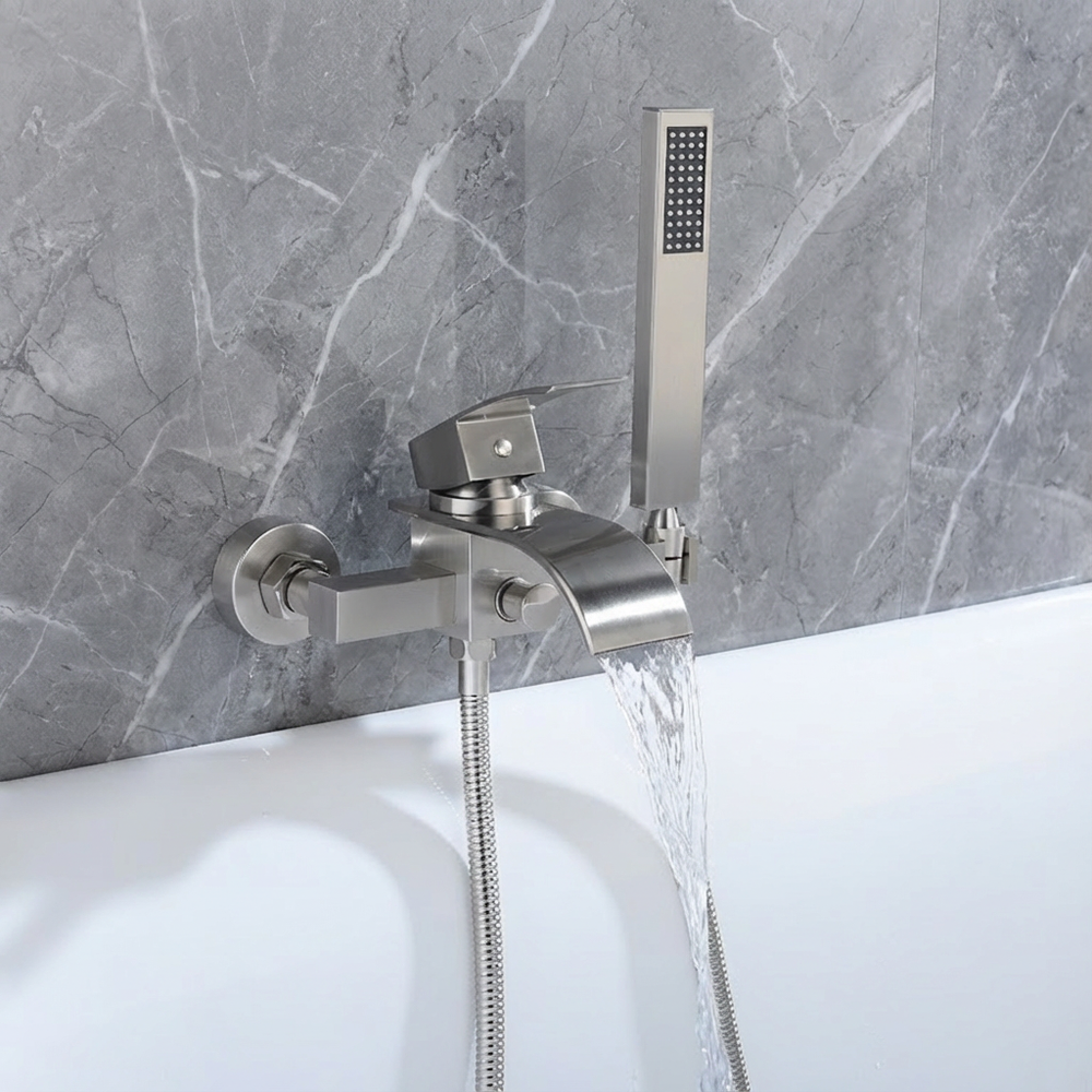 Brushed Nickel Waterfall Wall-Mount Bath Tub Filler Faucet with Handheld Shower