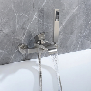 Brushed Nickel Waterfall Wall-Mount Bath Tub Filler Faucet with Handheld Shower - front view