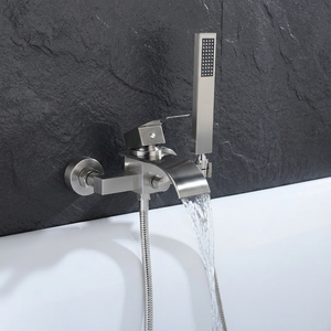 Brushed Nickel Waterfall Wall-Mount Bath Tub Filler Faucet with Handheld Shower - detail view