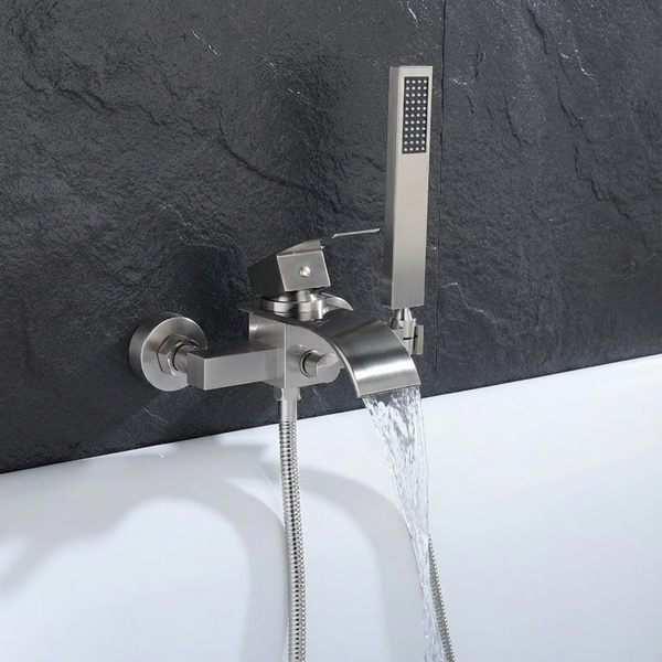 Brushed Nickel Waterfall Wall-Mount Bath Tub Filler Faucet with Handheld Shower - detail view