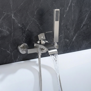 Brushed Nickel Waterfall Wall-Mount Bath Tub Filler Faucet with Handheld Shower - side view