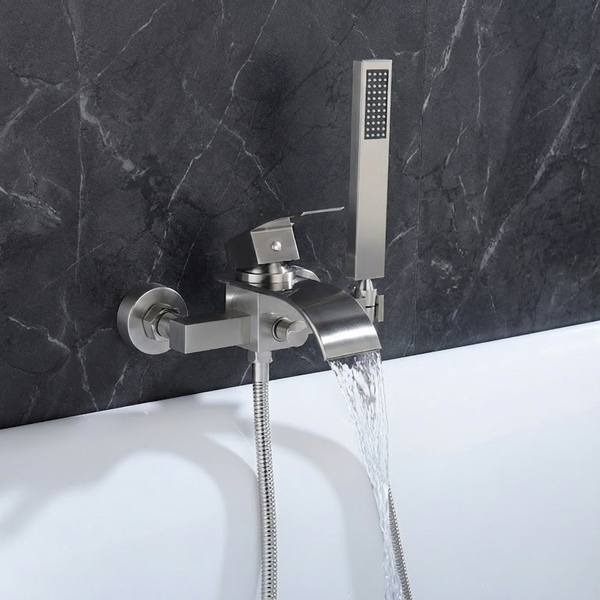 Brushed Nickel Waterfall Wall-Mount Bath Tub Filler Faucet with Handheld Shower - side view