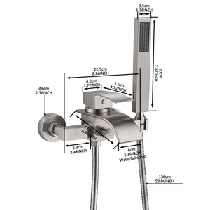 Brushed Nickel Waterfall Wall-Mount Bath Tub Filler Faucet with Handheld Shower - dimensions