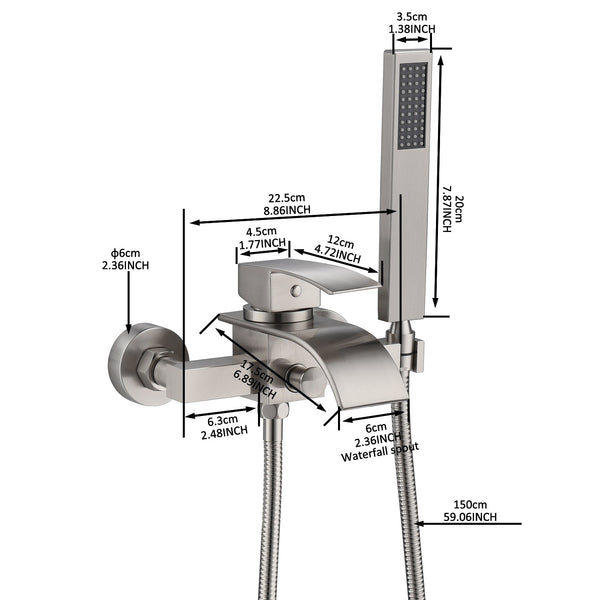 Brushed Nickel Waterfall Wall-Mount Bath Tub Filler Faucet with Handheld Shower - dimensions