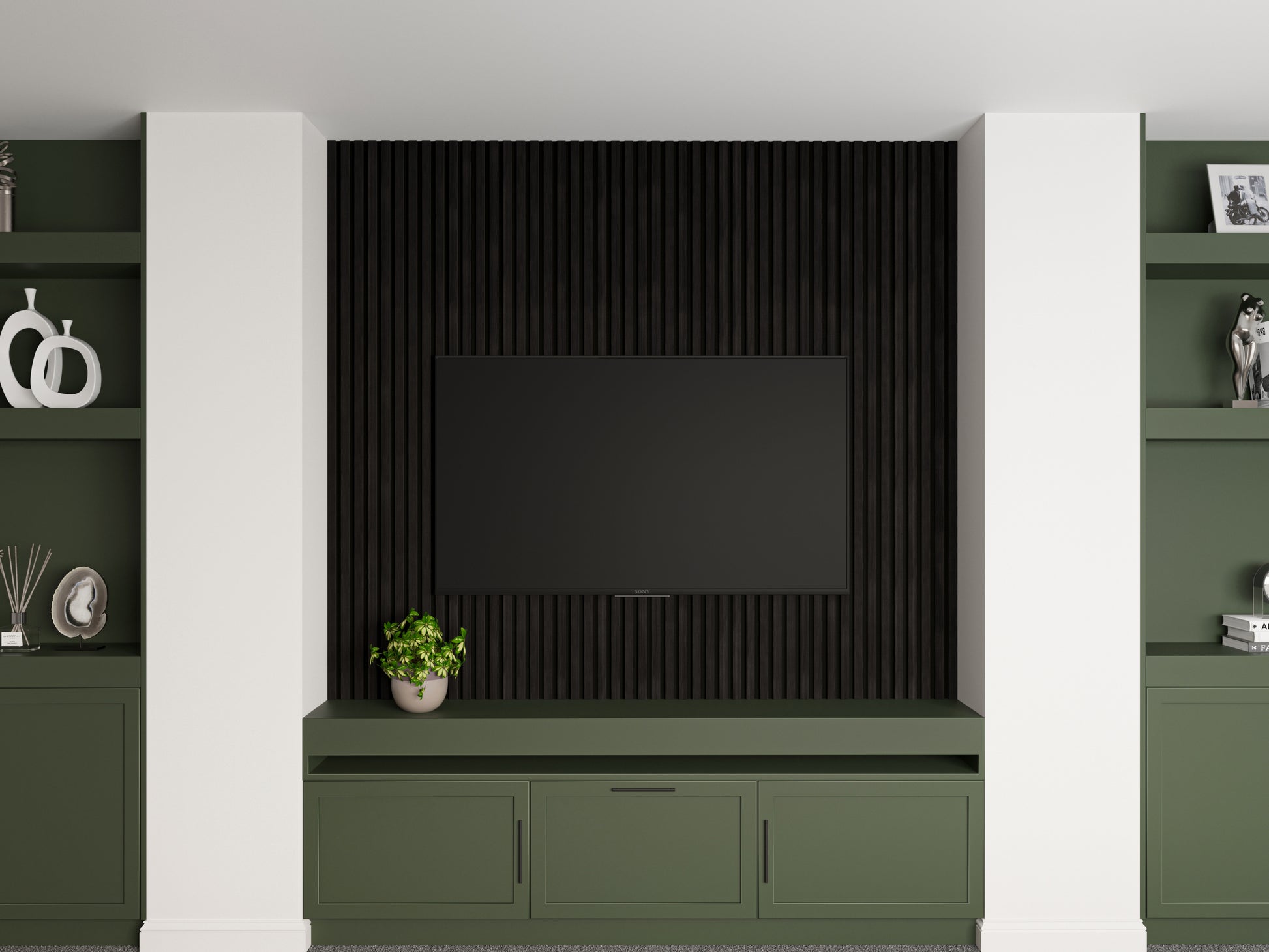 living room black wood wall panels