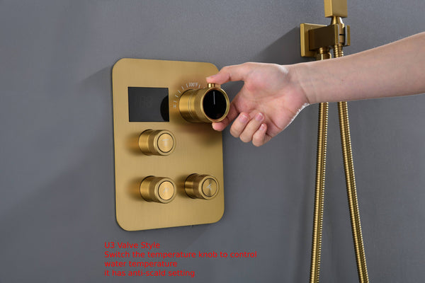 12-inch Or 16-inch Or 6'' Wall-Mount Brushed Gold 3-Way Thermostatic Shower Valve System: Versatile Functionality and Stunning Design - view 18