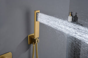 Brushed Gold Wall-Mounted 3-Way Thermostatic Shower System with Body Jets - lifestyle photo