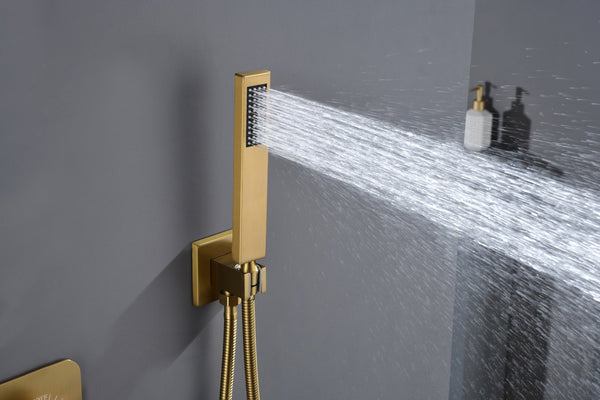 Brushed Gold Wall-Mounted 3-Way Thermostatic Shower System with Body Jets - lifestyle photo