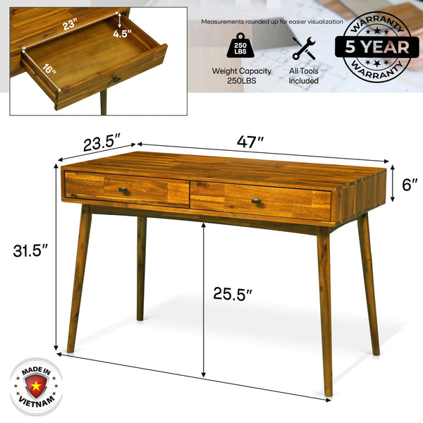 Acacia Lagom 48' Solid Wood Work Desk with Drawers for Functional Home Office - detail view