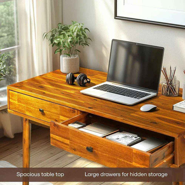 Acacia Lagom 48' Solid Wood Work Desk with Drawers for Functional Home Office - side view